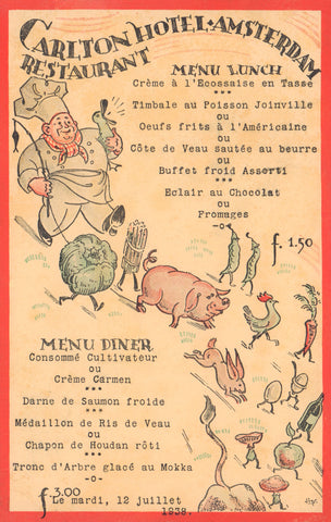 Carlton Hotel, Amsterdam 1938 Menu Art