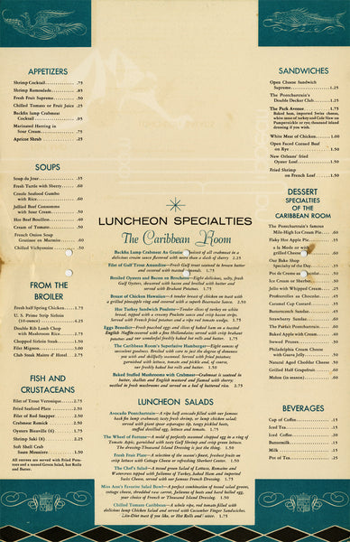 Caribbean Room, Pontchartrain Hotel New Orleans 1950s | Vintage Menu Art – food menu