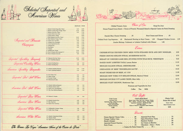 Casino de Paris, The Dunes, Las Vegas 1970s | Vintage Menu Art - food menu