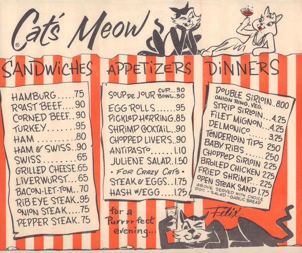 Cat's Meow, Fort Lauderdale 1960s | Vintage Menu Art - food menu