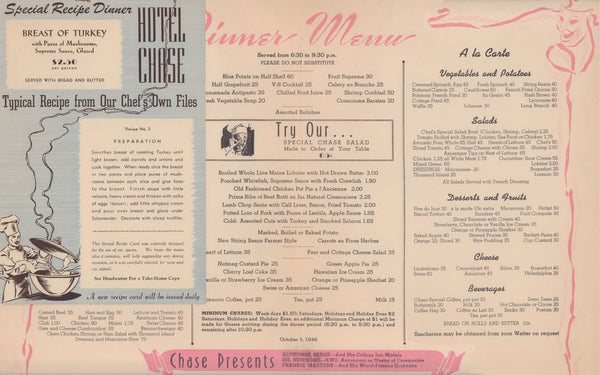 Chase Club, Hotel Chase, St Louis 1946 Menu