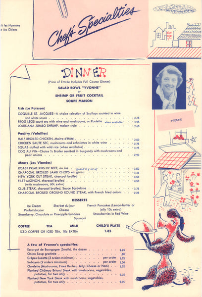 Chez Yvonne, Mountain View 1950s | Vintage Menu Art – dinner menu