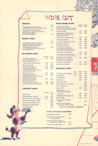Chez Yvonne, Mountain View 1950s | Vintage Menu Art – wine list