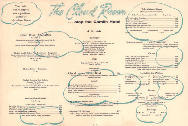 Cloud Room Camlin Hotel, Seattle 1960s Menu