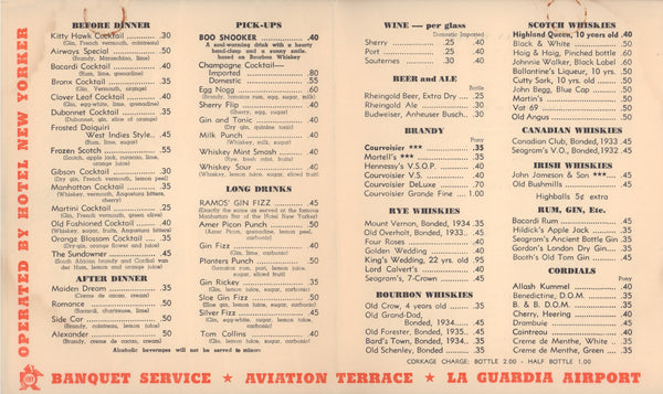 Cocktails La Guardia Airport 1940 Menu