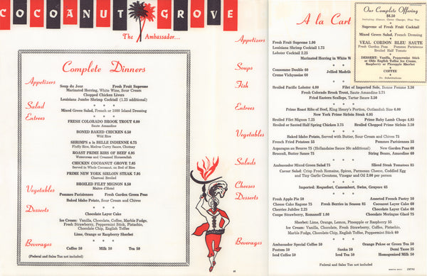Cocoanut Grove Ambassador Hotel, Los Angeles 1970s | Vintage Menu Art - Dinner menu