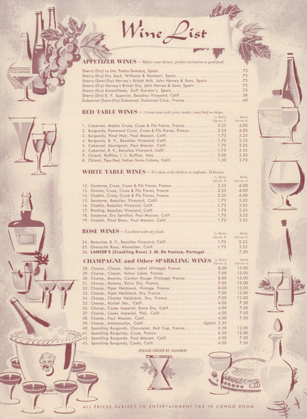 Hotel Sahara, Congo Room, Las Vegas 1957 Wine List
