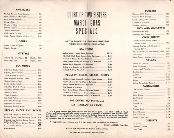 Court of Two Sisters Mardi Gras, New Orleans 1950s Menu