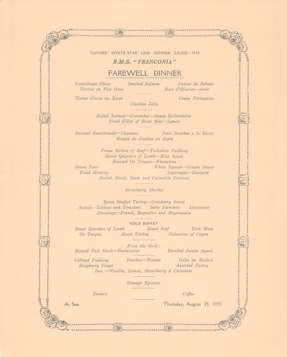 Cunard RMS Franconia 1935 Alistair K MacDonald Menu Art – Vintage Menu Art