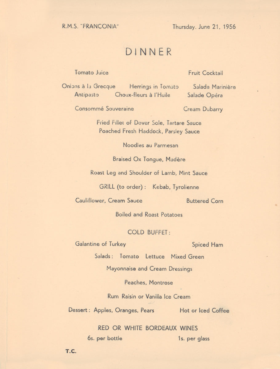 Cunard Poodles R.M.S. Franconia 1956 – Vintage Menu Art