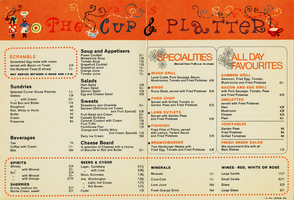 The Cup & Platter 2, UK 1966 | Vintage Menu Art – food menu
