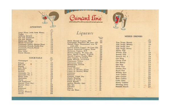 Cunard Line, Queen Elizabeth 1953 Cocktail List | Vintage Menu Art - drink menu