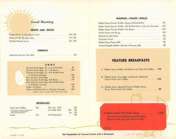 Dobbs House, Miami Airport 1970 | Vintage Menu Art - breakfast menu