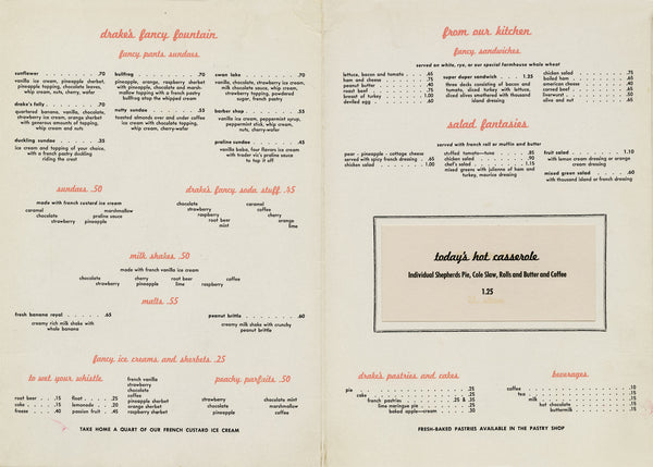 Drake's Fancy, San Francisco 1950s | Vintage Menu Art – food menu