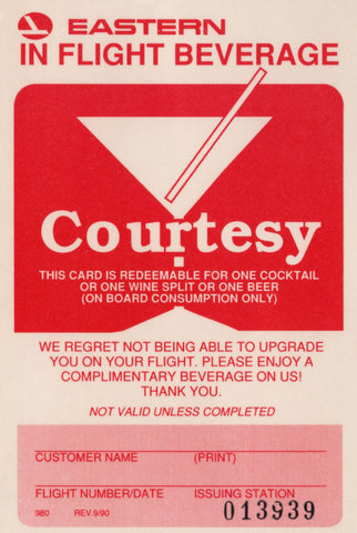 Eastern Airlines Courtesy Beverage Card, 1990