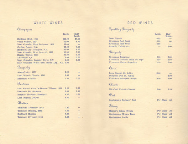 Elbow Beach Surf Club Bermuda 1940s Wine List