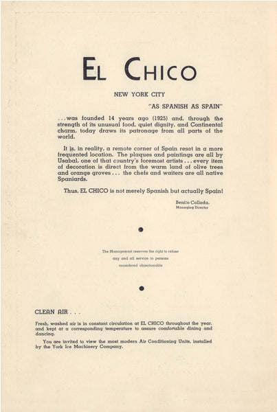 El Chico, New York 1939 Menu