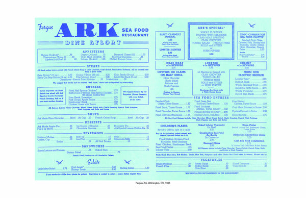 Fergus' The Ark, Wilmington, North Carolina 1961 Menu
