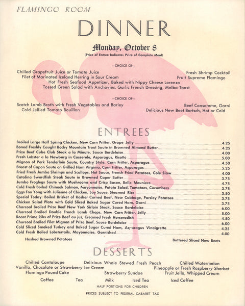 The Flamingo, Las Vegas 1970s | Vintage Menu Art - dinner menu