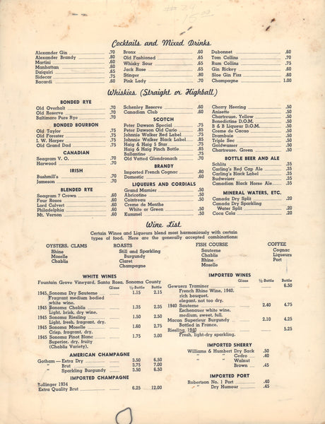 The Flying Lobster, New York 1940s Wine List