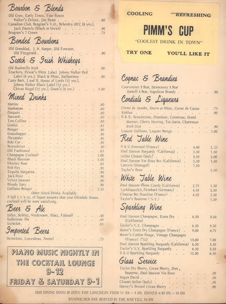 Glendale House, Indianapolis 1950s Cocktail Menu