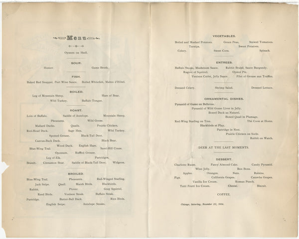 Grand Pacific Hotel Chicago, 1884 Game Dinner Menu