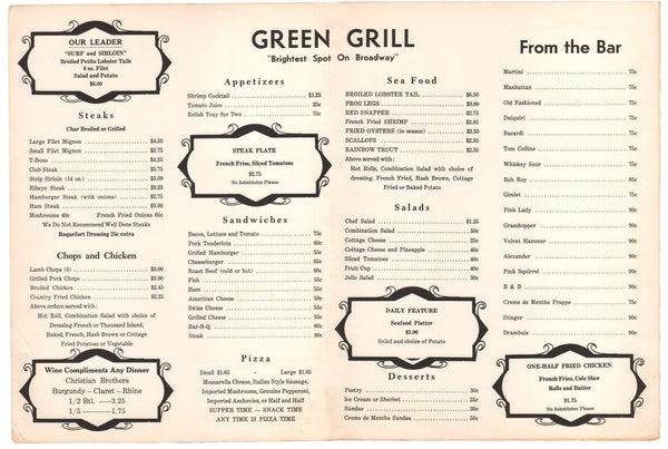 Green Grill, Centralia Illinois 1960s Menu