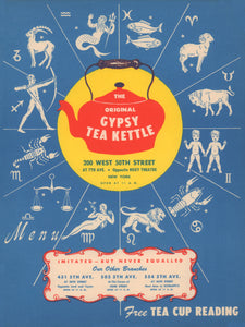 Gypsy Tea Kettle, New York 1949 Horoscope Menu Art