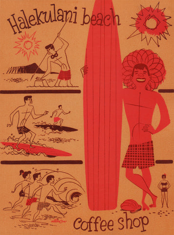 Halekulani Beach Coffee Shop, Waikiki 1950s Surfing Menu Art