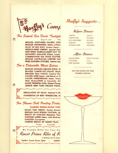 Hoefly's Cocktail Kiss, Long Beach, California 1930s Menu