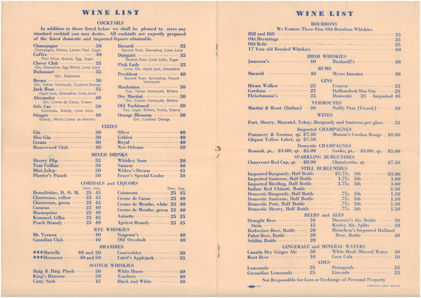 Feuer's Homewood Inn, Homewood Illinois 1930s Cocktail Wine list