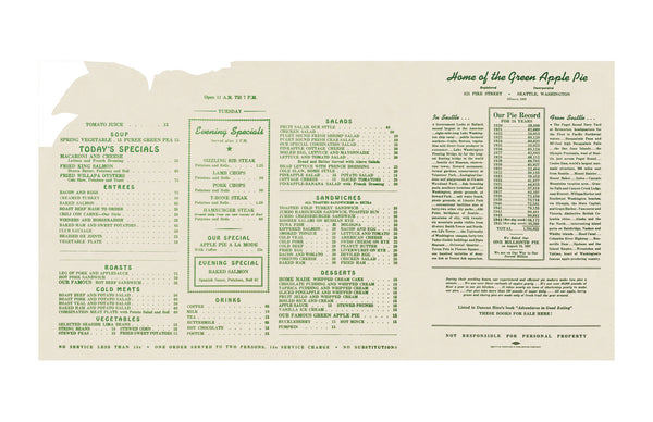 The Green Apple Pie Shop, Seattle 1946 Menu