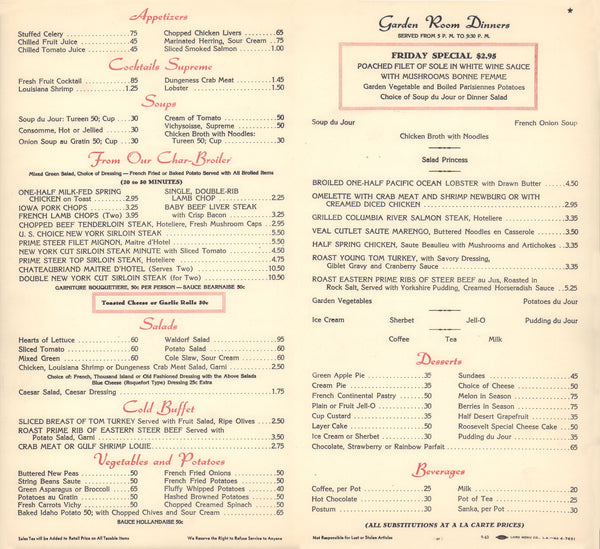 Hotel Roosevelt Garden Room, Hollywood 1963 | Vintage Menu Art - food menu