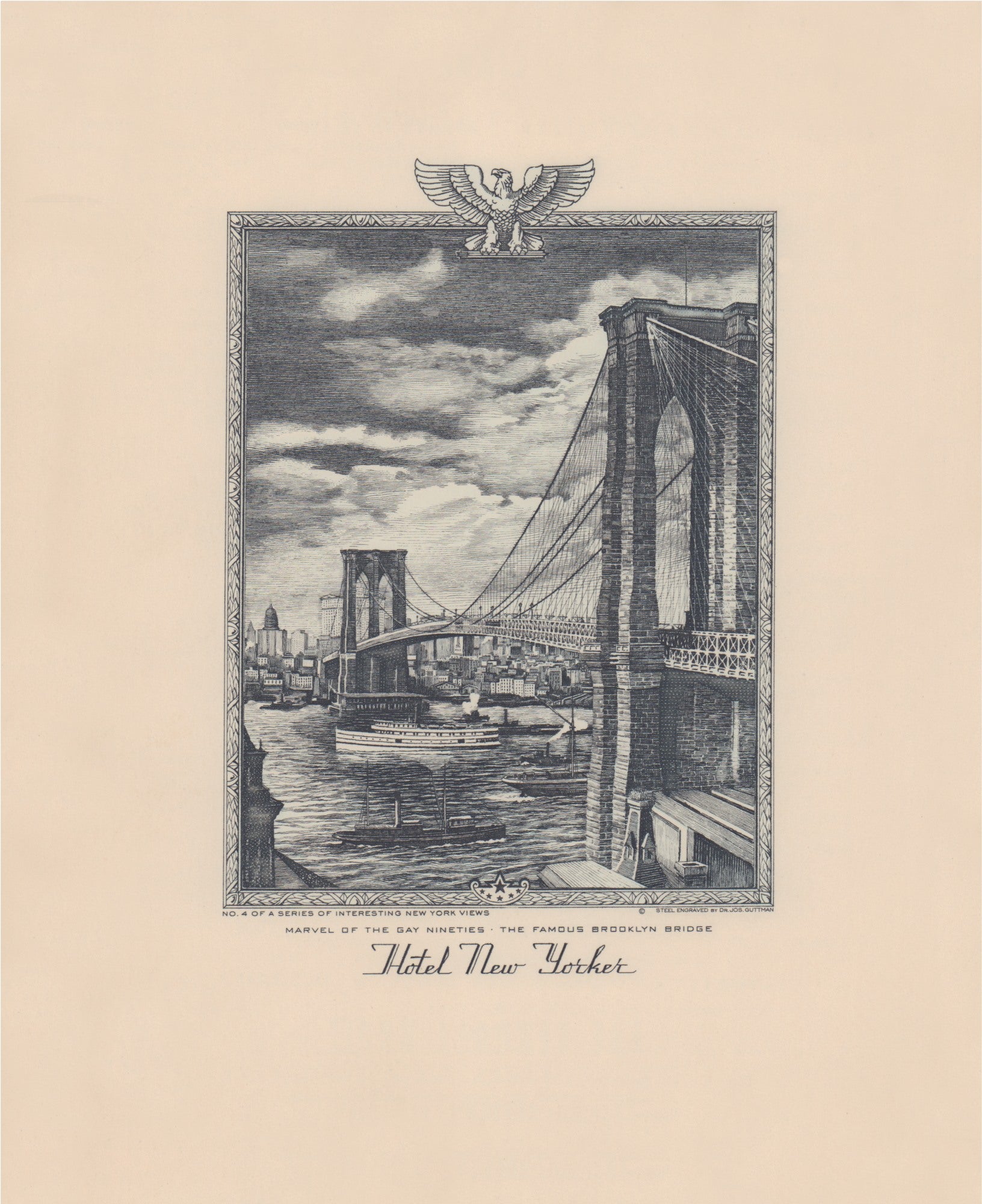 Hotel New Yorker, Brooklyn Bridge, New York 1941 Menu Art