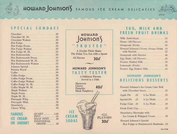 Howard Johnson's Famous Ice Creams 1950 Menu 