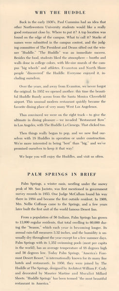 The Paul Cummins Huddle at the Springs, Palm Springs, California 1970s | Vintage Menu Art - story on menu