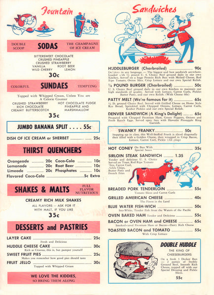 Huddle Restaurants, Indiana 1960s – Vintage Restaurant Menu Art