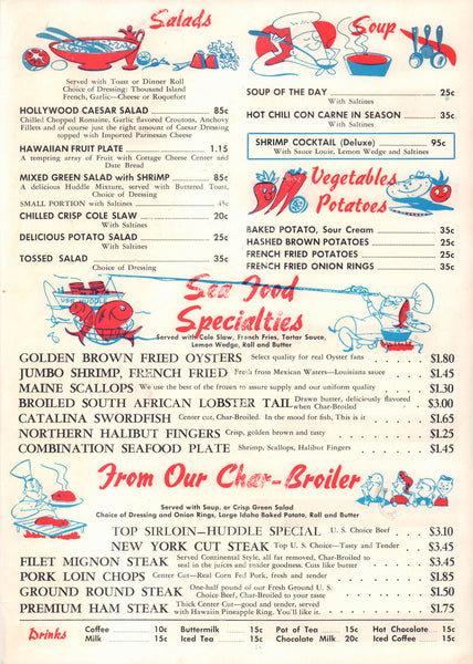 Huddle Restaurants, Indiana 1960s – Vintage Restaurant Menu Art