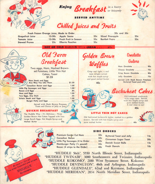 Huddle Restaurants, Indiana 1960s – Vintage Restaurant Art - Breakfast menu