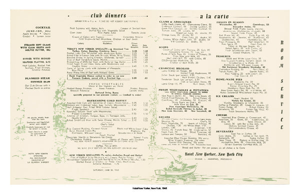 Hotel New Yorker Food 1942 Interior Menu