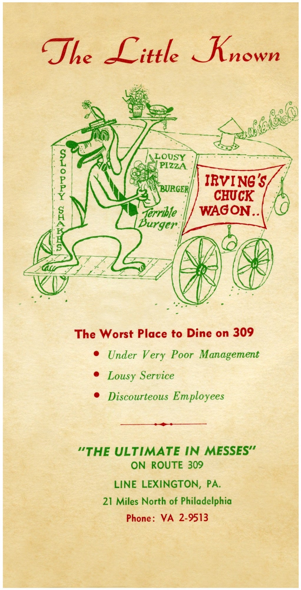 Irving's Chuck Wagon. Line Lexington, PA 1940s Menu Art