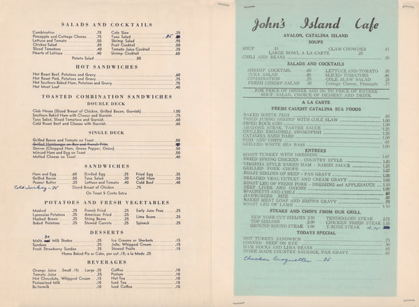 John's Island Cafe, Santa Catalina 1940s/50s Menu 