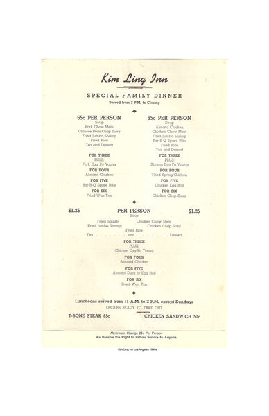 Kim Ling Inn Los Angeles 1940s Interior Menu 
Harley Spiller Collection Cool Culinaria