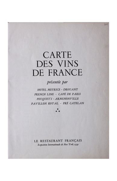 Le Restaurant Francais Wine List, New York World’s Fair 1939
