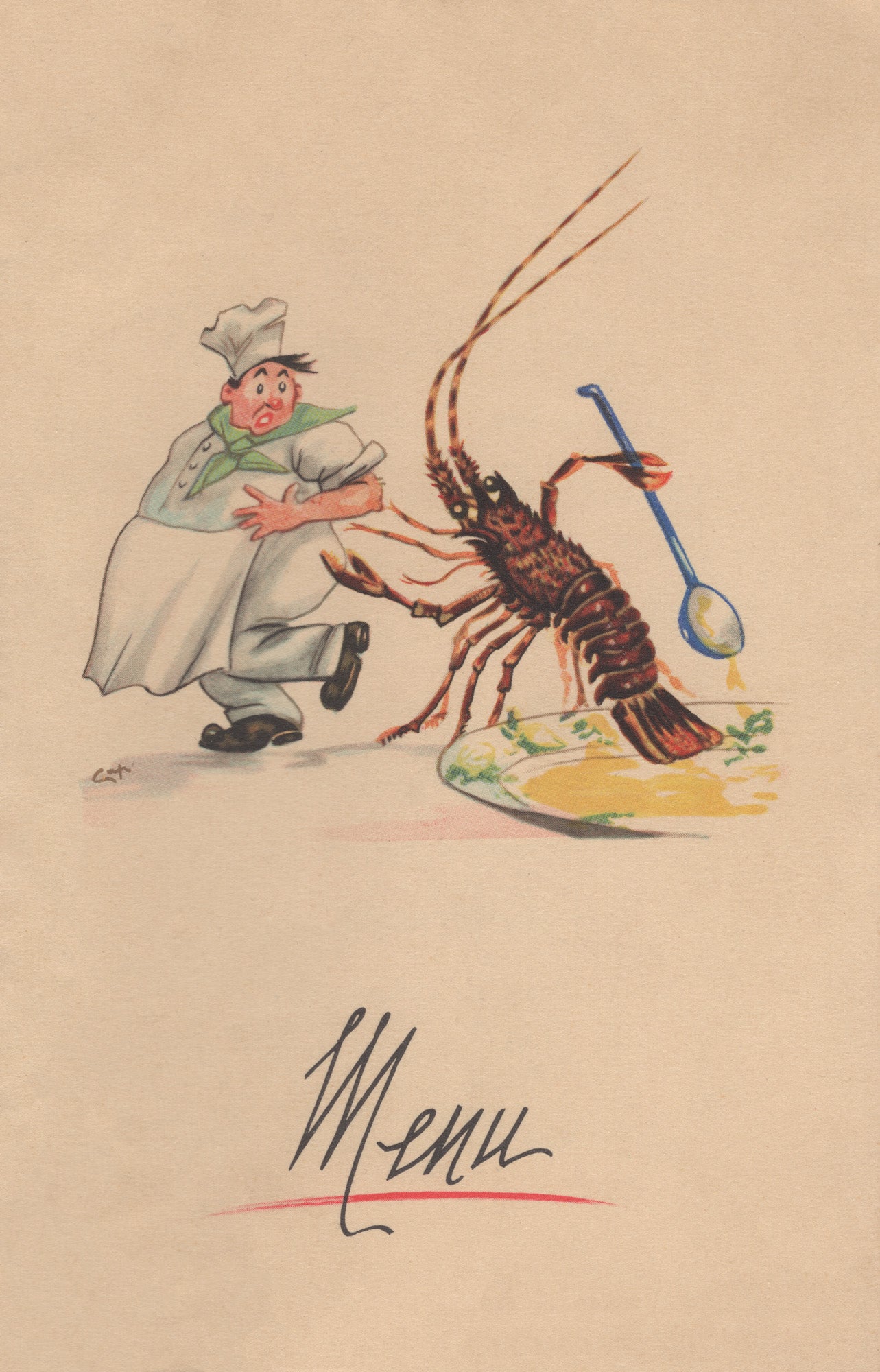 Lobster & Chef, Rouen,  France 1954 | Vintage Menu Art - cover