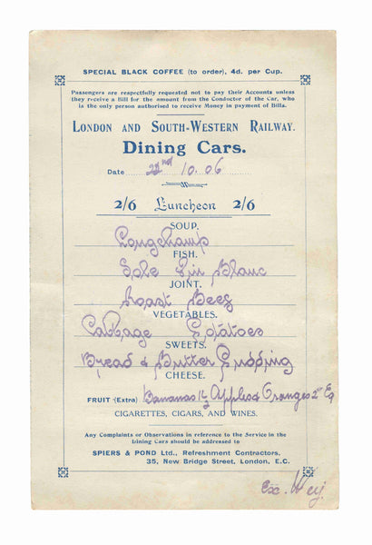 London and South Western Railway Dining Car Menu, 1906