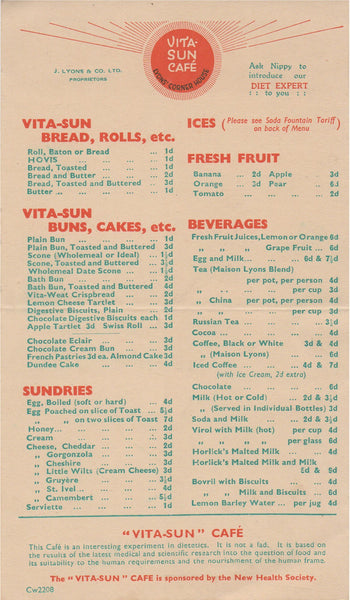 Vita-Sun Café, Lyons' Corner House London 1925s Menu