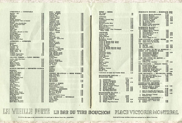 La Vieille Porte, Montreal 1970s Wine List
