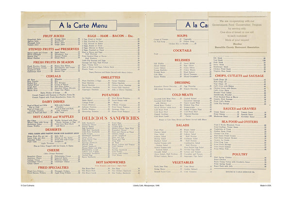 Liberty Cafe Albuquerque New Mexico 1946 Menu prices