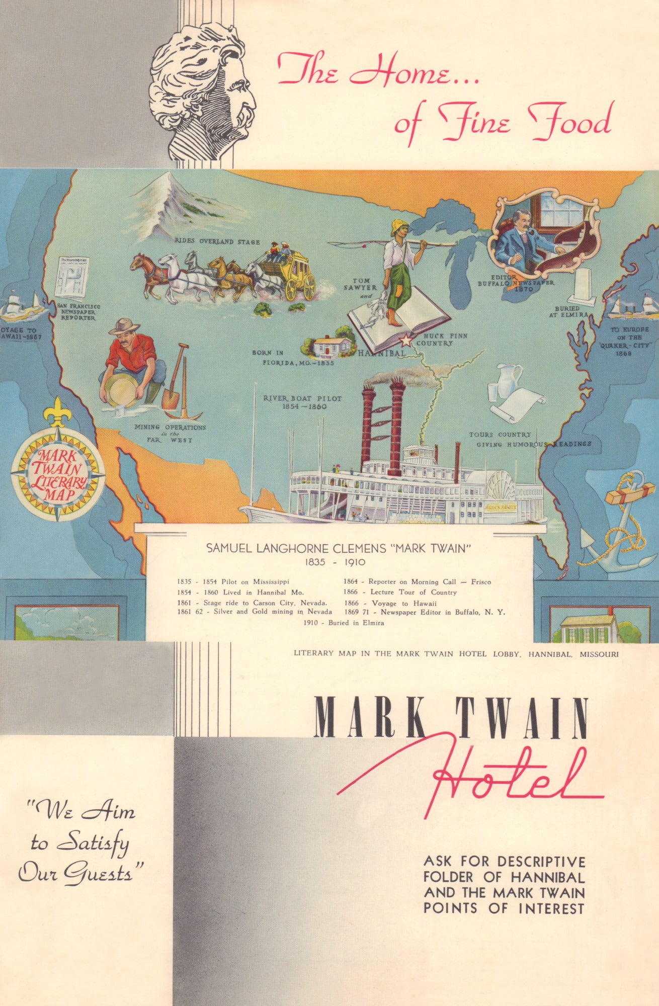 Mark Twain Hotel, Hannibal, MO, 1940s Menu Art